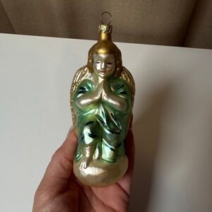 Praying Angel Glass Christmas Ornament Gold Green Glitter Wings Vintage Style